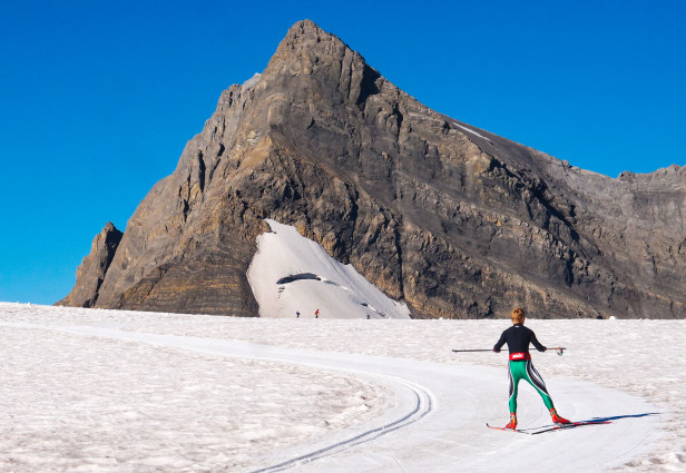 Boy skiing at haig glacier 