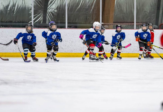 Group of young hockey player lining up on the goal line ready to skate